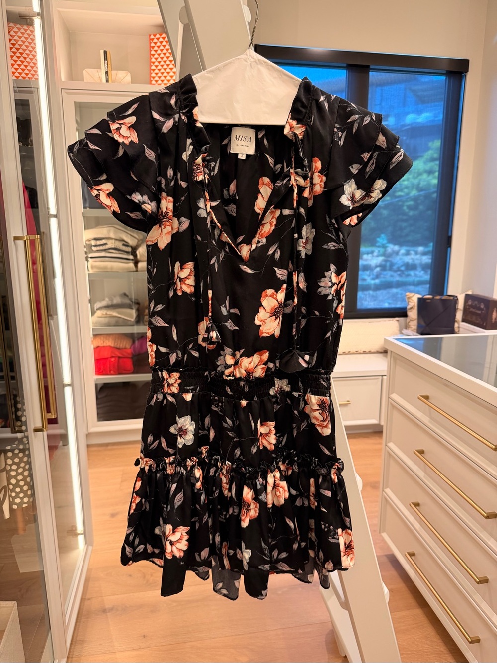 MISA Los Angeles Black Dress with Pink and Peach Floral Print
